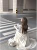 Elegant Square Neck A-Line Dress - Women's Early Spring 2026 Arrival, Long Sleeve, Waist-Cinched Fake Two-Piece Design.