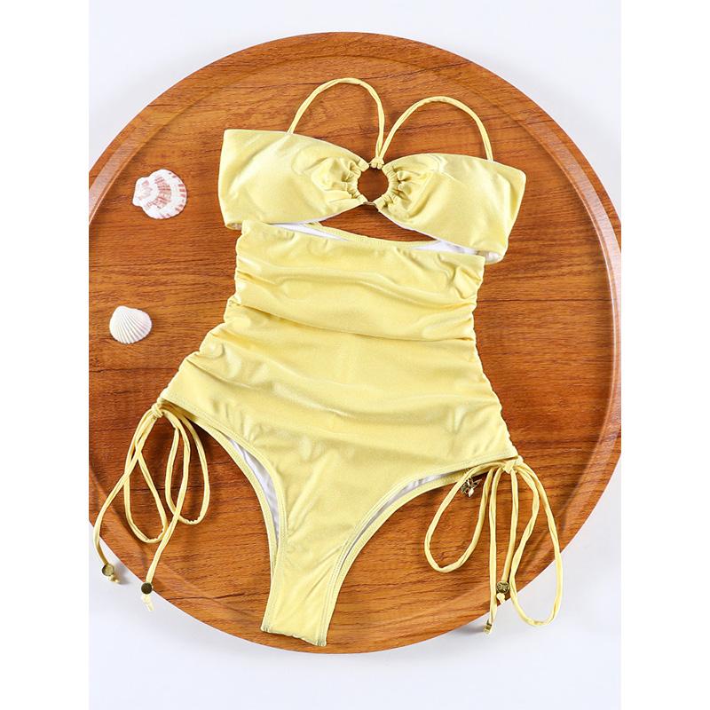 Rinabe Yellow Bikini Metal Ring Swimwear Halter Bikinis Cut Out Swimsuit String Swimsuits Whole Beachwear One-Piece Bathing Suit S