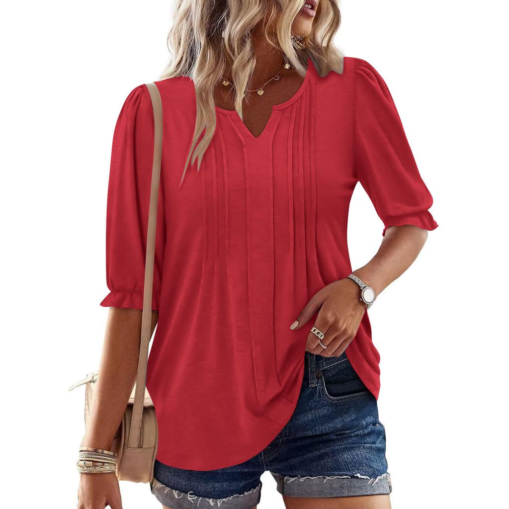 Solid Color V Neck Puff Sleeve Loose Casual Five Quarter Sleeve T Shirt