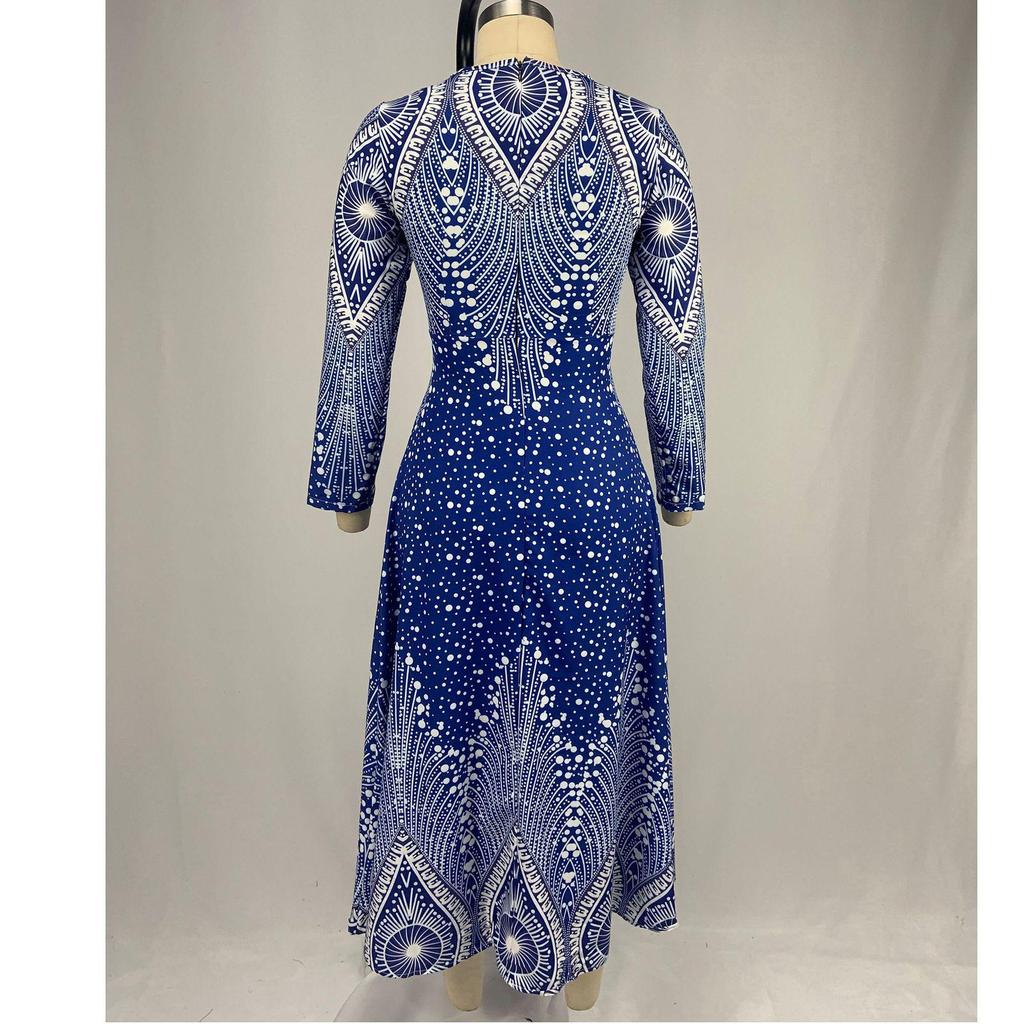 European & American V-Neck Retro Print Long Sleeve Maxi Dress - Spring & Autumn Women's Fashion