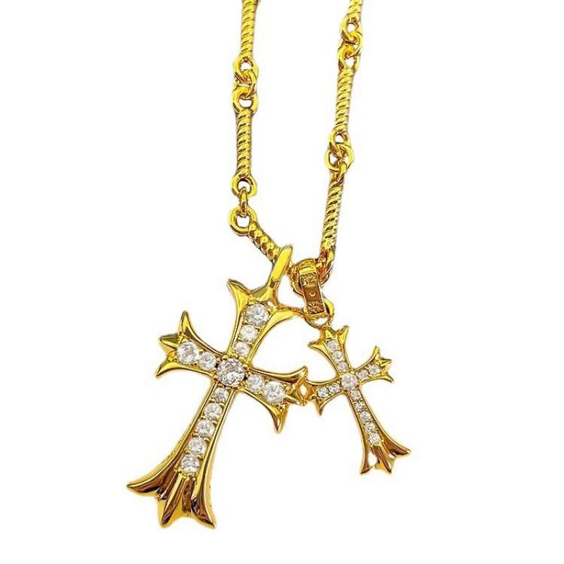 Double Cross Pendant Necklace Couples Titanium Steel Charm With Colored Cubic Zirconia Gold Rose Chain