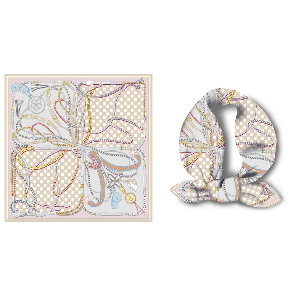 Twill Silk Scarf Woman Digital Printing Square Scarves Wraps Bandana Small Hijab Silk Foulards Tie Headband Neckerchief 53CM