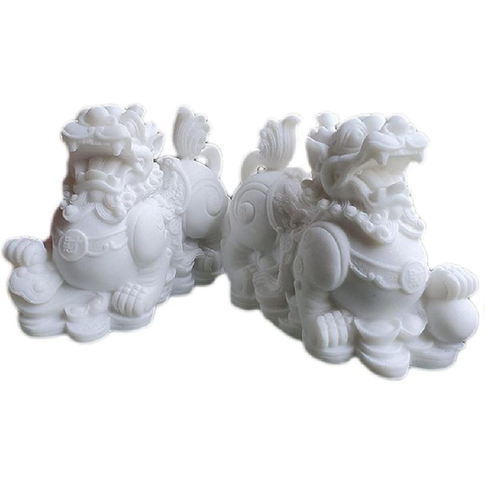 Feng Shui pixiu White Marble Statue A Pair PiXiu/pi yao Sculpture Home Decor Prosperity Figurine Attract Money and Good Luck,Medium Small