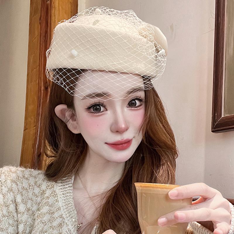 Black Stewardess Hat French Temperament Mesh Lace Woolen Hat British Berets For Women
