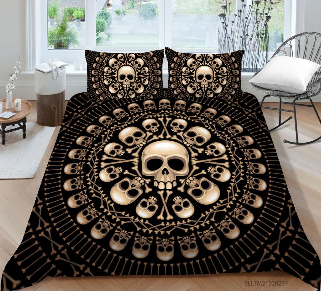 3D Black Skull Head Pattern Bedding Single Double Bed Full Size Special Skull Head Print Pillowcase and Quilt Cover 2 or 3 Comfortable Home Decoration