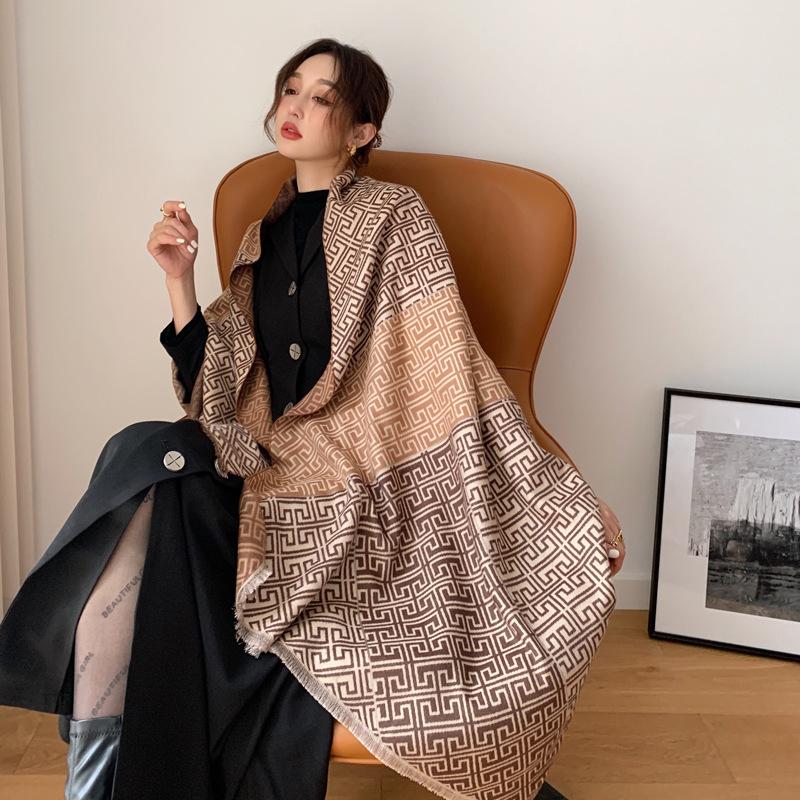 Autumn and winter double-sided jacquard imitation cashmere thick scarf women's versatile high-end shawl thickened warm scarf
