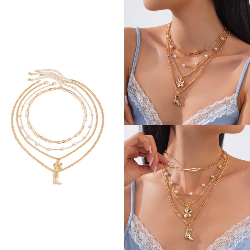 Adjustable Stackable Necklace with Boot Pendant and Simulated Pearls Clavicle Chain for Daily Wear Special Occasions