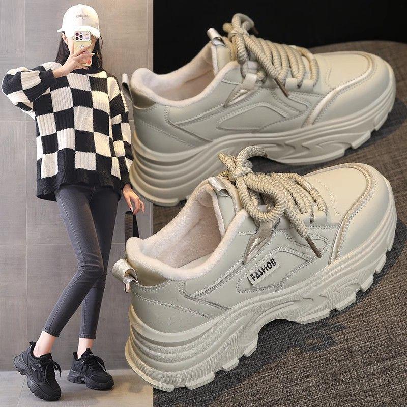 Fleece-Lined Leather Women's Sneakers: Trendy, Lightweight, Height-Boosting Casual Winter Shoes