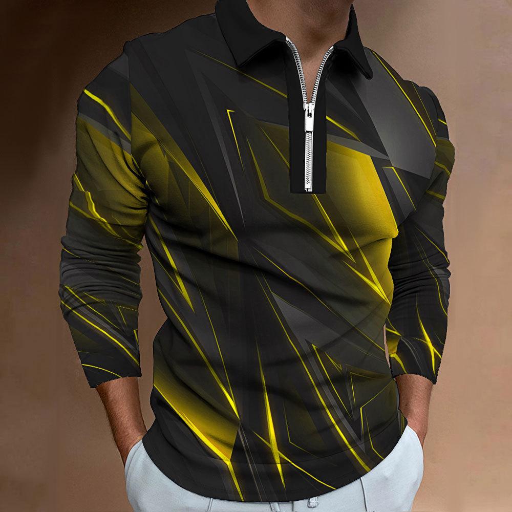 Nowa męska zapinana na zamek casualowa slim męska sportowa koszulka polo z długim rękawem z nadrukiem cyfrowym