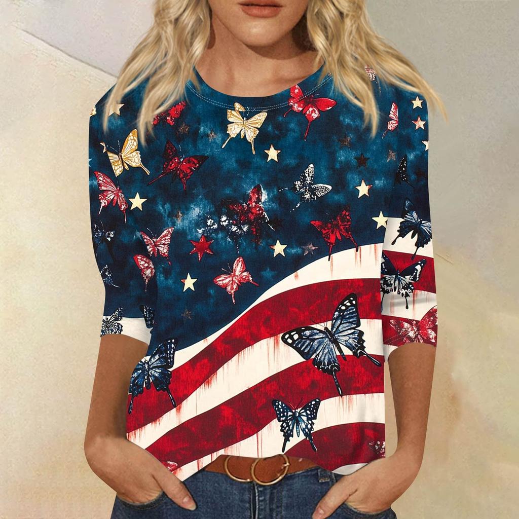 Dammode avslappnad rund hals 3/4 ärm lös tryckt T-shirt dam topp