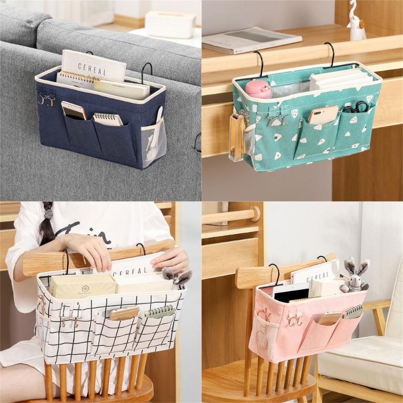 Large Capacity Storage Bag for Books and Remotes Cotton Linen Bedside Pocket Organizer Student Dormitory Accessories