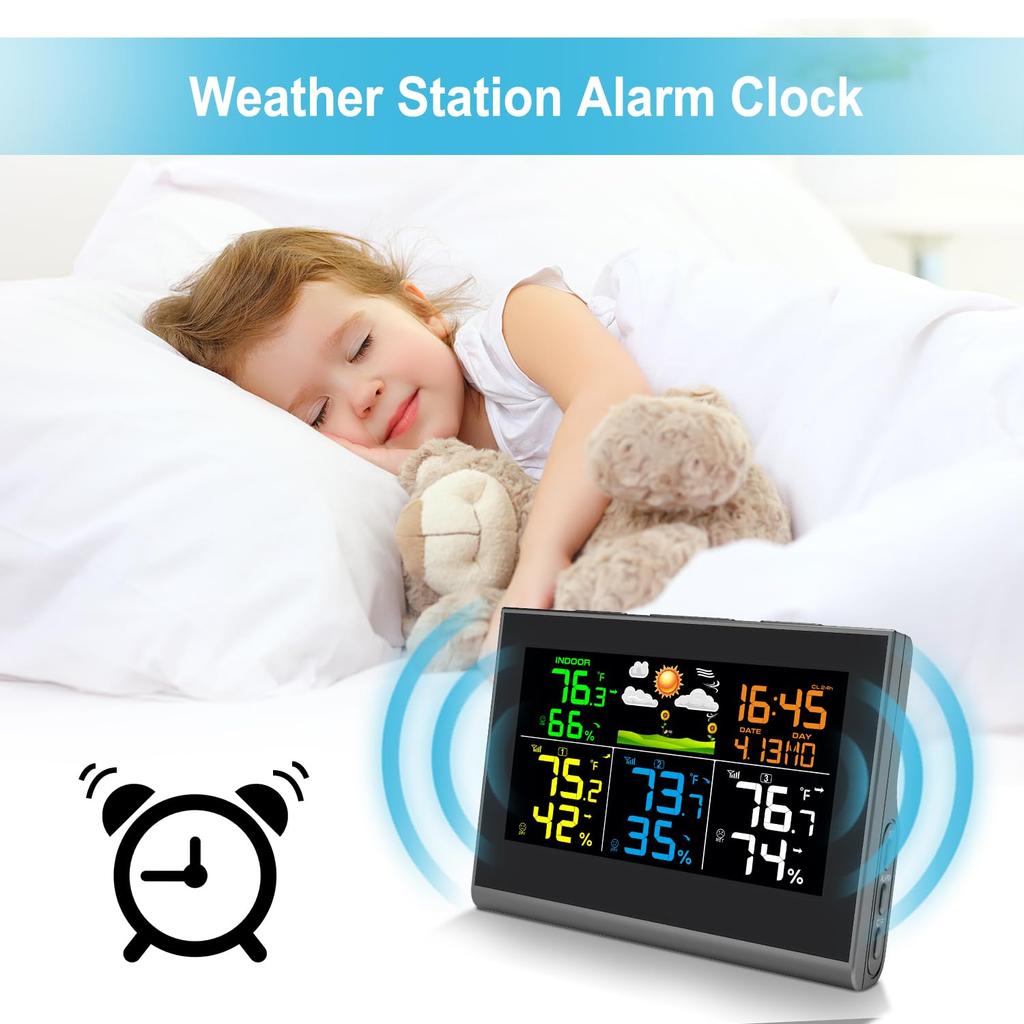 Digital Color Weather Station Clock with 3 Wireless Outdoor Sensor Indoor/Outdoor Temperature Humidity Monitor Weather Forecast