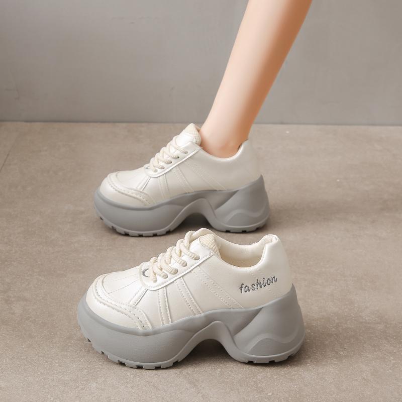 Fashion 8CM High Platform Wedge Sneakers Women New Autumn Chunky Leather Shoes Breathable Walking Sneakers Vulcanize Sport Shoes