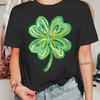 Women's Casual Crew Neck T-Shirt with Four-Leaf Clover Print, Polyester Knit Fabric, Comfortable Short Sleeve Tee for All Season