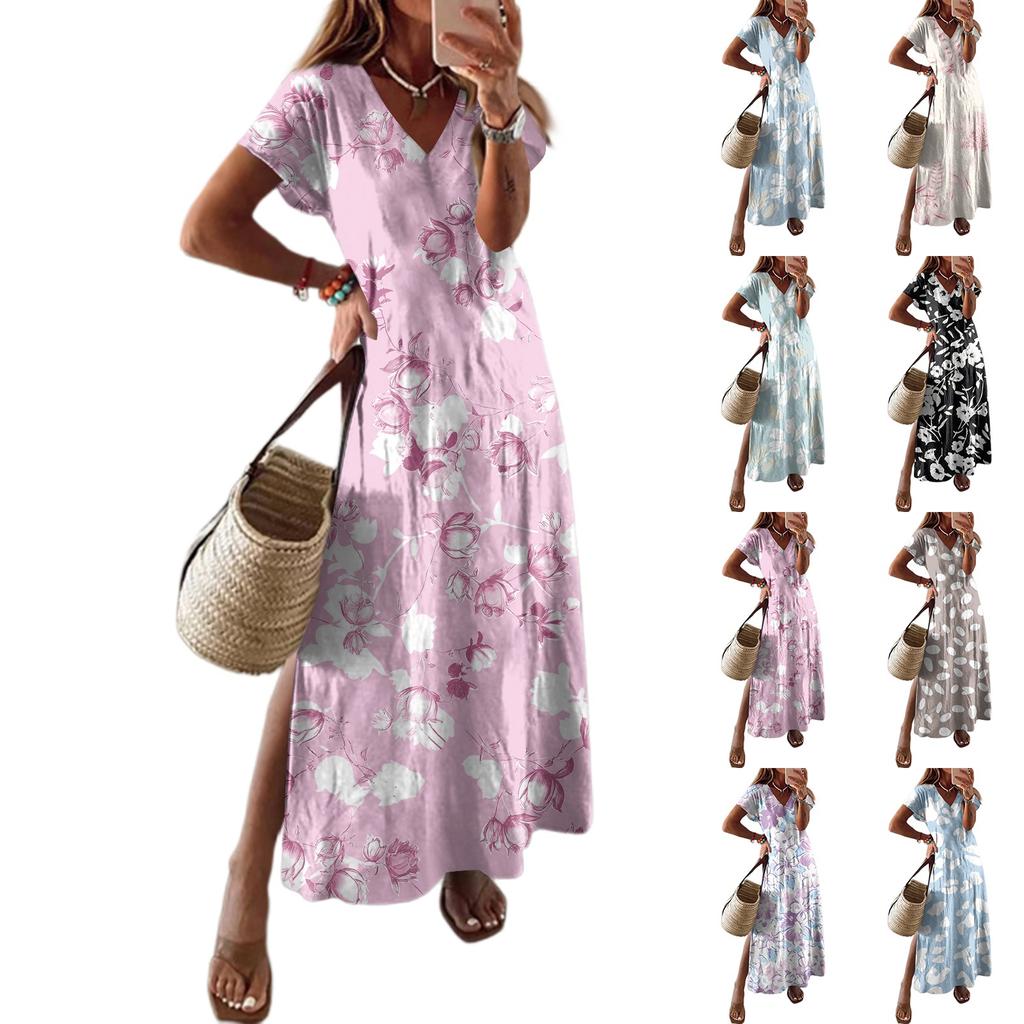 Women Summer Floral Dress Short Sleeve Beach Dress With Pockets Casual V-Neck Split Long T-Shirt Dress Travel Vacation