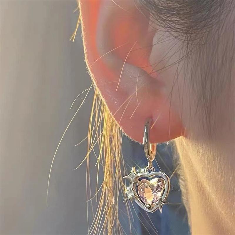 Korea Pink Crystal Peach Love Heart Dangle Earrings Sweet Cool Y2k Accessories Hoop Earring for Women Girls Fashion Jewelry
