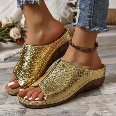 Damen Sandalen mit Schlangenmuster Plateau Slip On Weiche Sohle Lässige Badeschuhe Niedriger Keilabsatz Urlaubsschuhe
