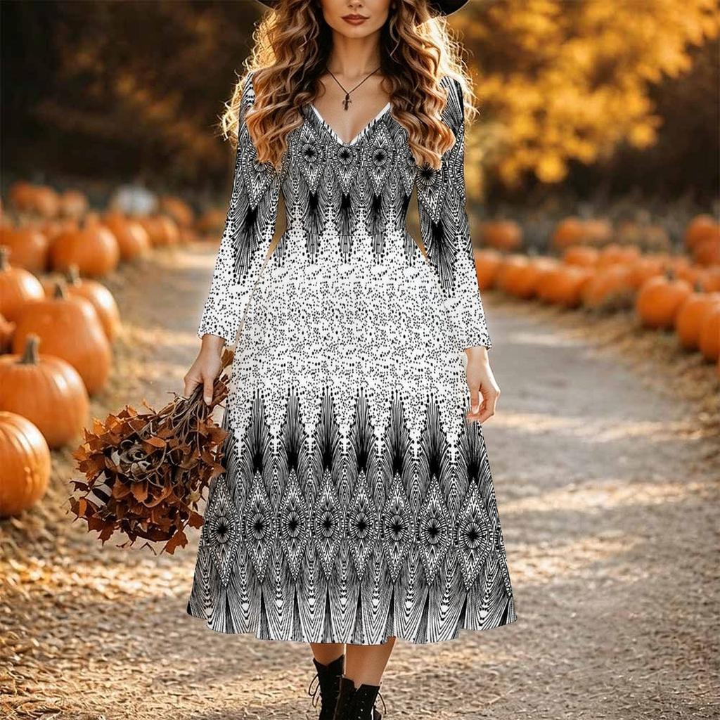 Halloween Women's Floral Print Midi Dress A Line Dress Vacation Casual Daily Regular Fit Long Sleeve V Neck Black Spring Fall