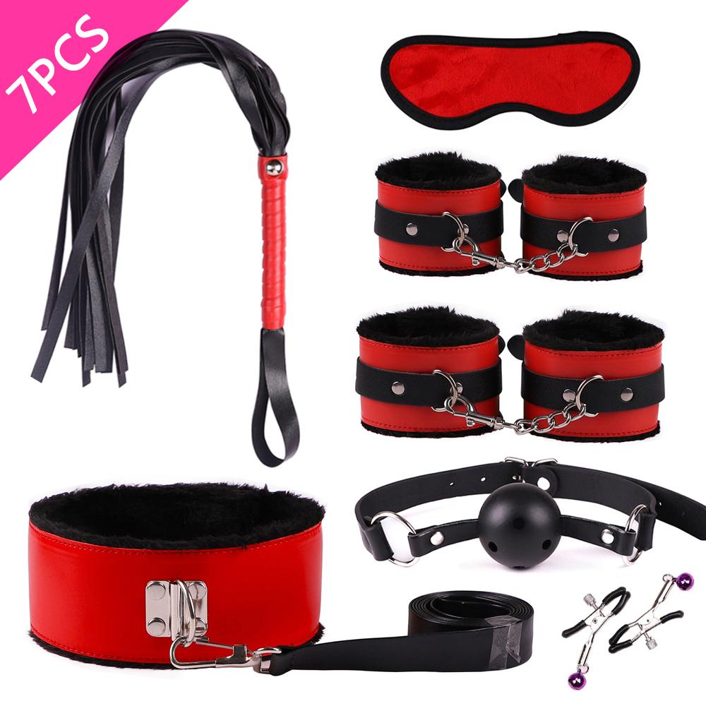 Set Bondage de Pat Pentru Jocuri Adulți Erotic Piele PU Seturi Cătușe Bici Căluș Anal Clame pentru Mamelon Frânghie Jucării Sexuale Femei Cuplu