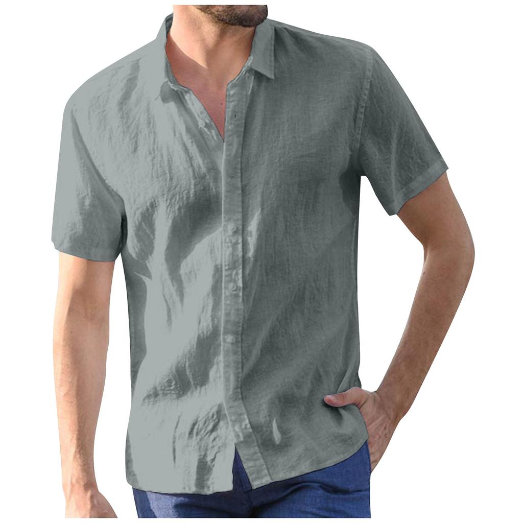 Summer Men's Lapel Button Short Sleeved Cotton Linen Shirt Casual Top