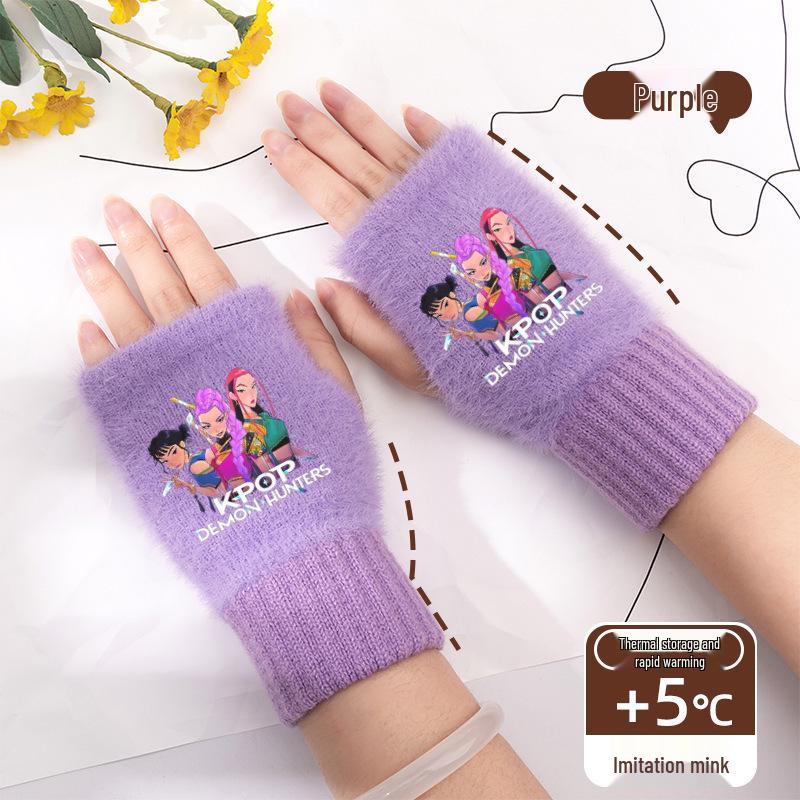 Kpop Women's Fingerless Knitted Gloves - Versatile Warm Plush Autumn/Winter Half-Finger Hand Socks, Solid Color for Students.