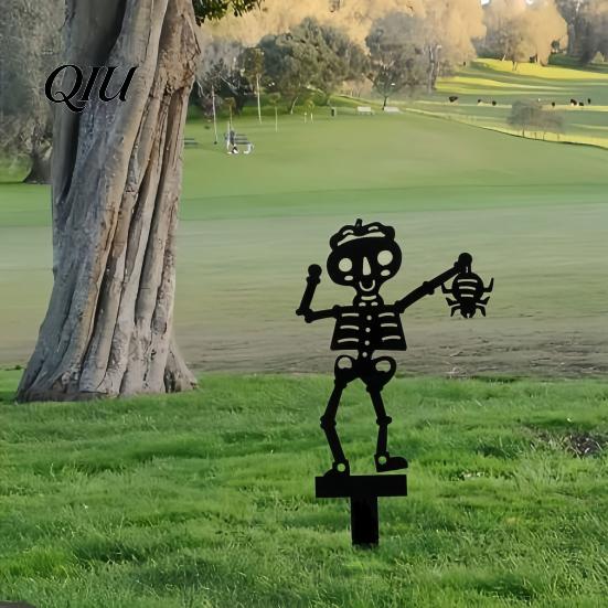 Garden Stakes for Flower Beds Halloween Skeleton Stake, Metal with Bat Spider Yard Art Fun Lawn Ornaments Black Silhouette Decoration Bed Shaped