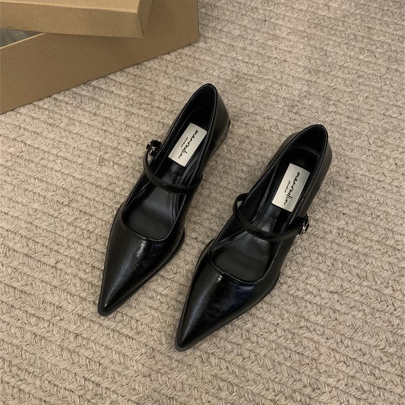 High heels women's thick heel medium heel pointed single shoes new spring one-word buckle Mary Jane small leather shoes