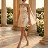 Abbigliamento da donna europeo e americano estivo temperamento elegante spalla obliqua halter vita corta abito da sera abito