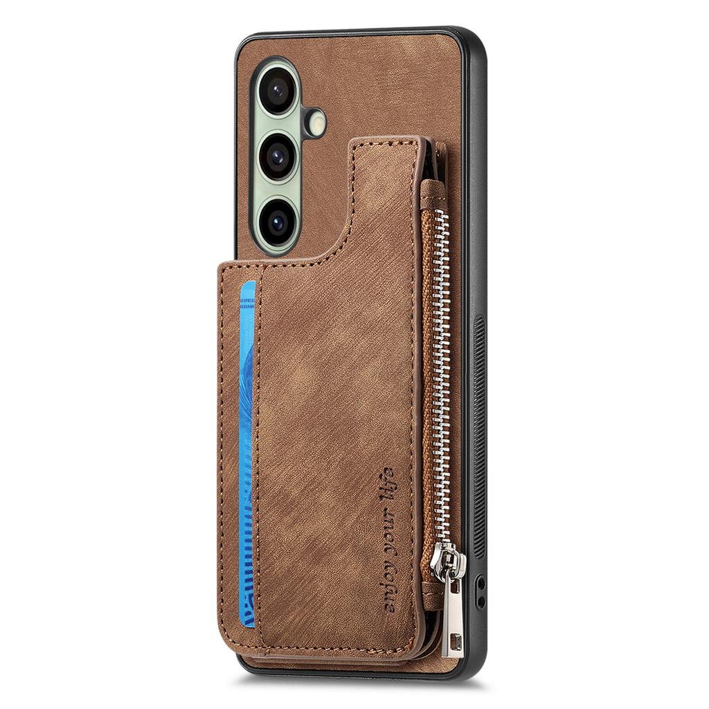 For Samsung Galaxy S24 FE Case Zipper Card Holder Kickstand Leather + PC + TPU Phone Cover