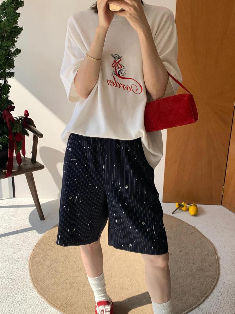 COR Women's White Embroidered Casual T-Shirt - Early Spring Loose Fit, Slim Short-Sleeved Knit with Lamb Design.