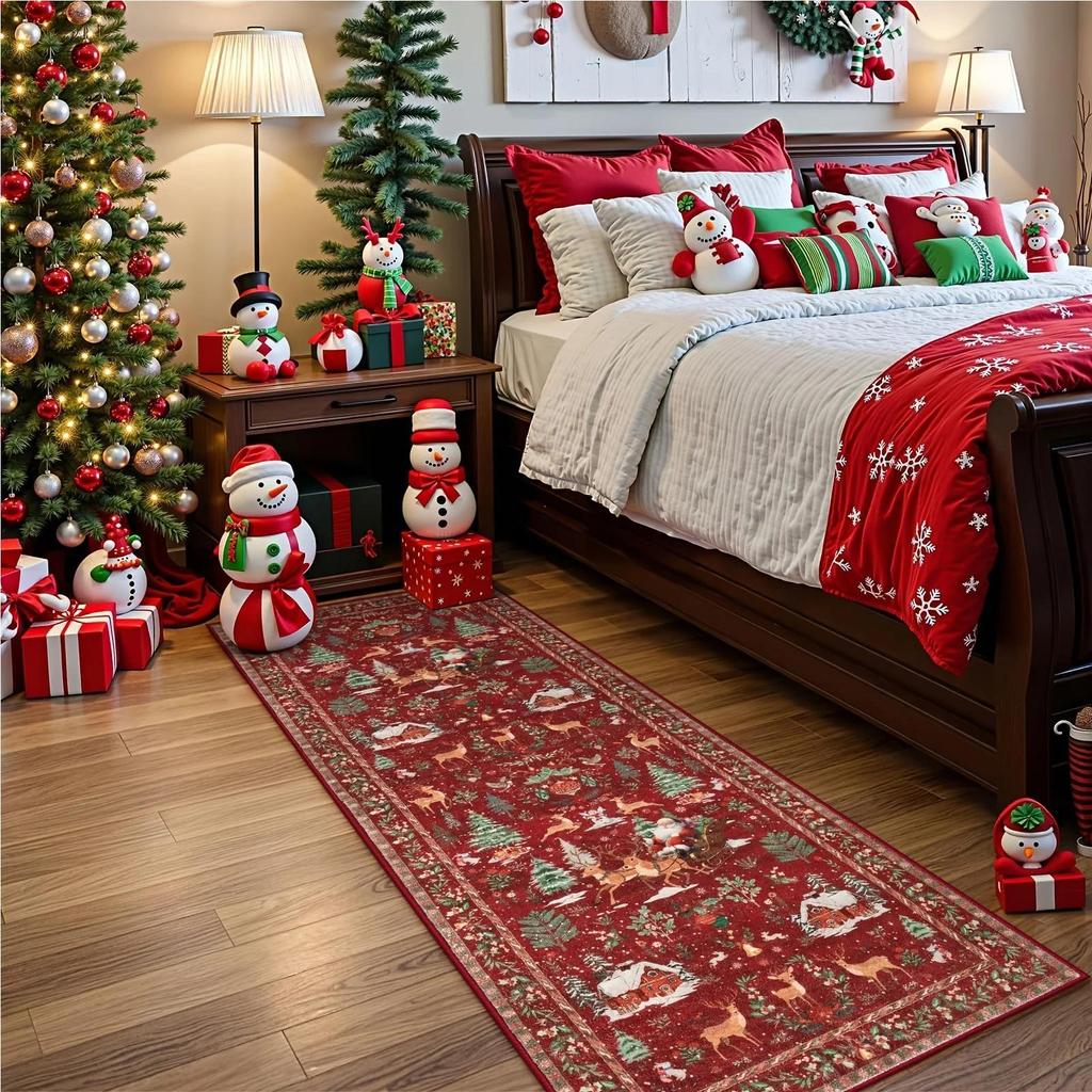 Christmas Rug 200x60cm Non-Slip Washable Soft Floor Mat Christmas Tree Santa Claus Pattern Home Decor Indoor Living Room Carpet