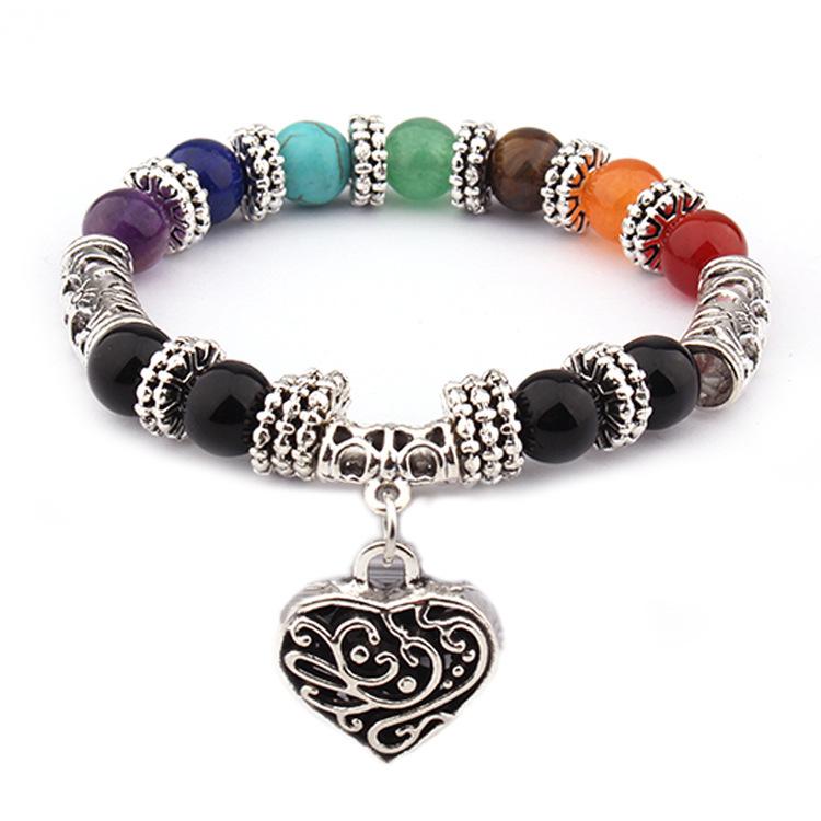 Rainbow Seven-Color Energy Natural Agate Unisex Yoga Heart Bracelet