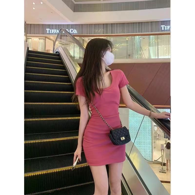 Pure lust hot girl front shoulder short-sleeved dress women's summer high waist slim fit small hip-wrapped short skirt