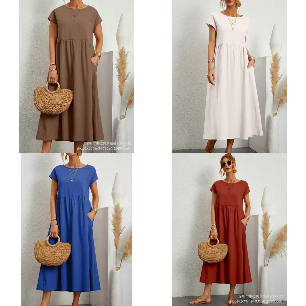 Minimalistisches Baumwoll-Leinen-Kleid mit Taschen für den Frühling, Freizeitkleidung