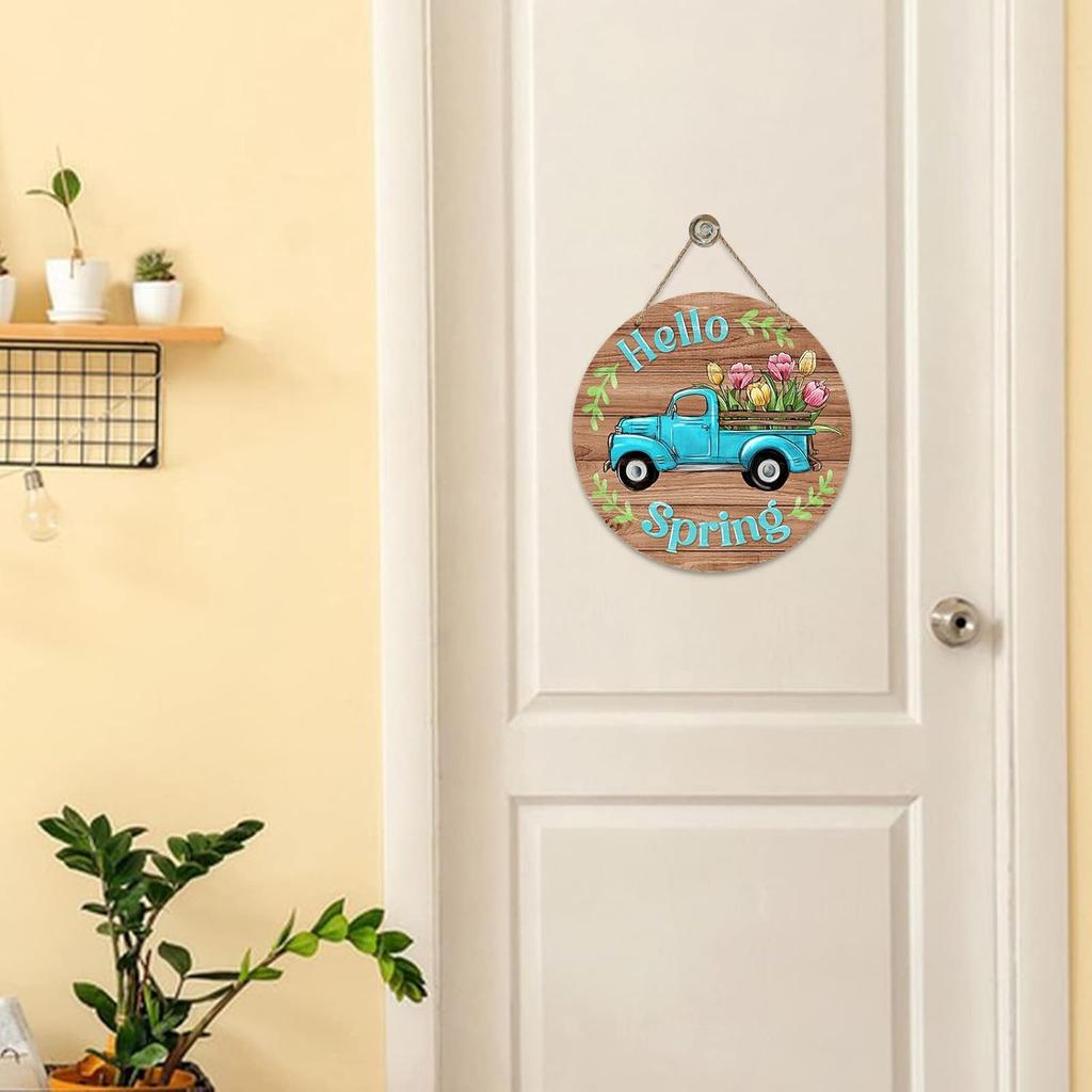 Deroro Hello Spring Blue Truck Sign for Front Door Decor, Tulip Flowers Pickup Wood Door Hanger for Outdoor Outside Porch, Rustic Farmhouse Wooden