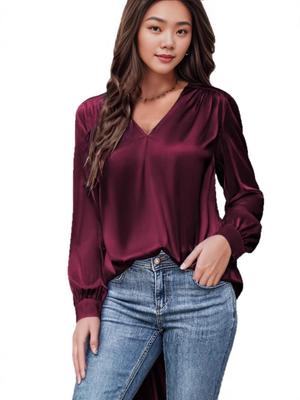 Women's Satin Pleated V-Neck Long-Sleeved Casual Loose Shirt