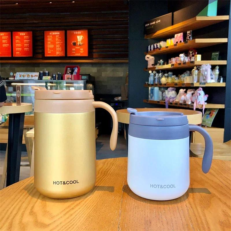 1pc 350ml/500ml Stainless Steel Coffee Thermos Mug Cold and Hot Thermal Water Bottle with Handgrip Office Vacuum Flask Tea Cup