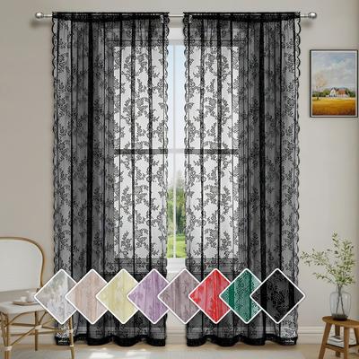 Warp Knit Lace Trimmed Rod Pocket Sheer Curtains Outdoor Ready To Hang Scalloped Valance Romantic Home Decor