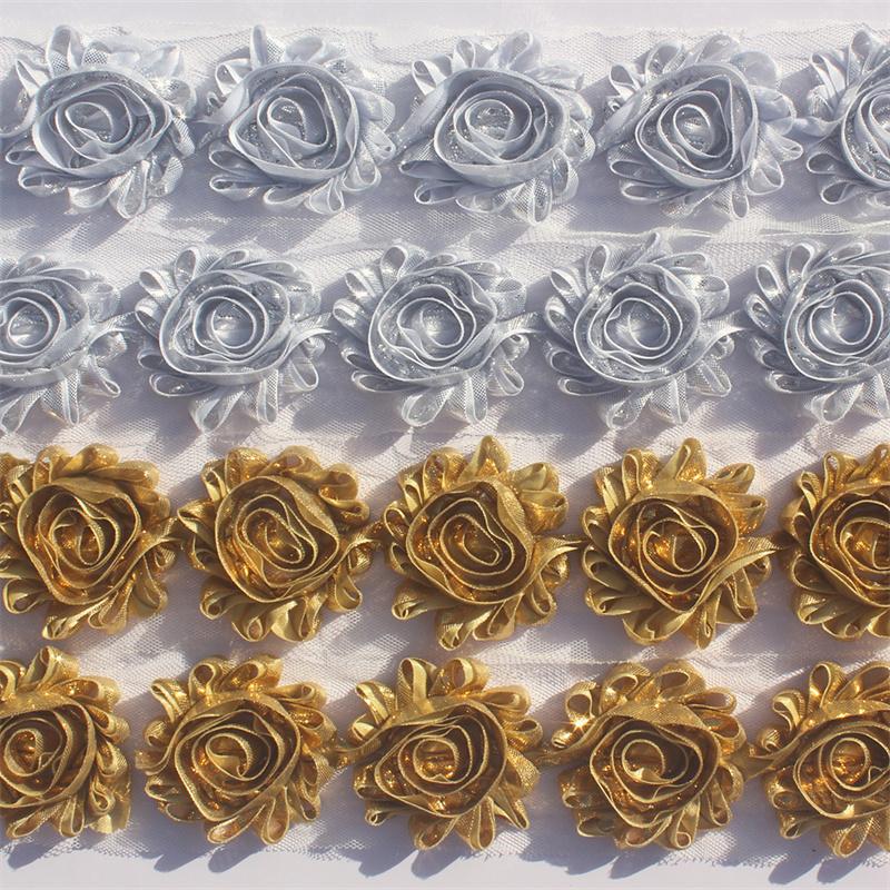 1y 2.5 Inch Shiny Fabric Flowers for Princess Girls Headbands Hair Accessories Kids Shirts Dress Shoes DIY Crafting Flowers