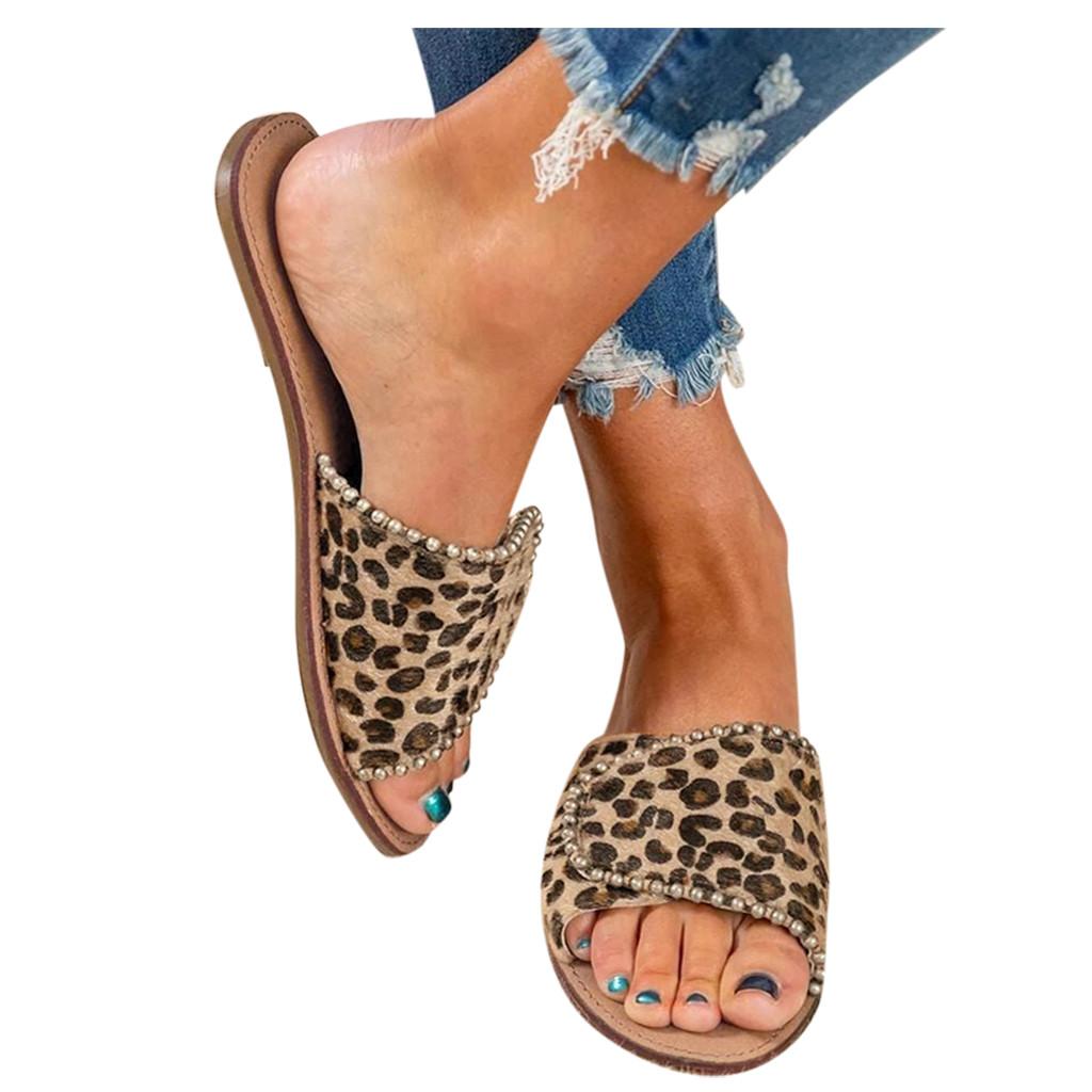 Women's Ladies Fashion Casual Flat Leopard Shoes Slippers Peep Toe Sandals