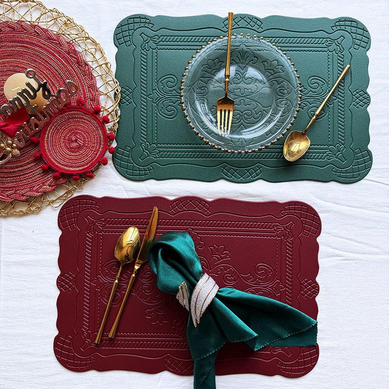 Imitation Leather Totem Dining Placemat Oil-Proof Waterproof Place Mat Retro Relief Table Mat for Kitchen Table Coffee Pad