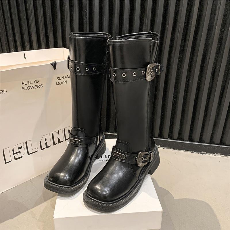 

Small man but knee boots women s 2025 new retro belt buckle western knight boots thin thick heel high boots 40 чёрный