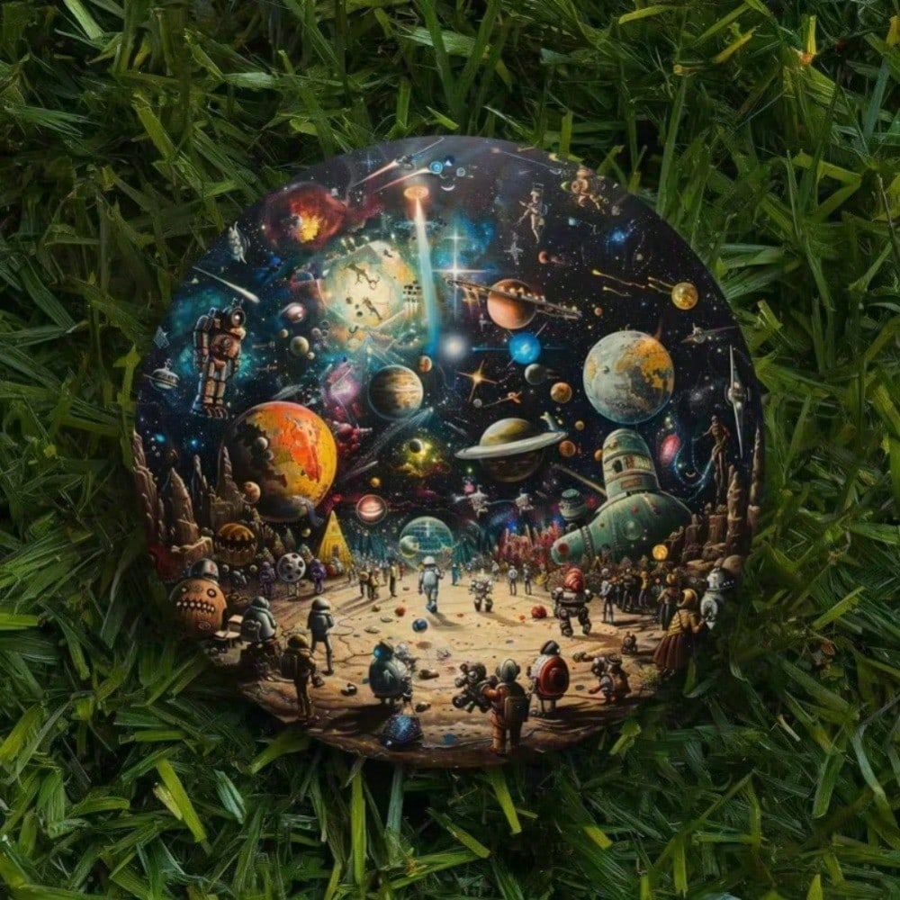 Galactic Gathering Metal Round Wall Sign, Space Theme Home Decor, Aluminum Art for Living Room Bedroom Kitchen