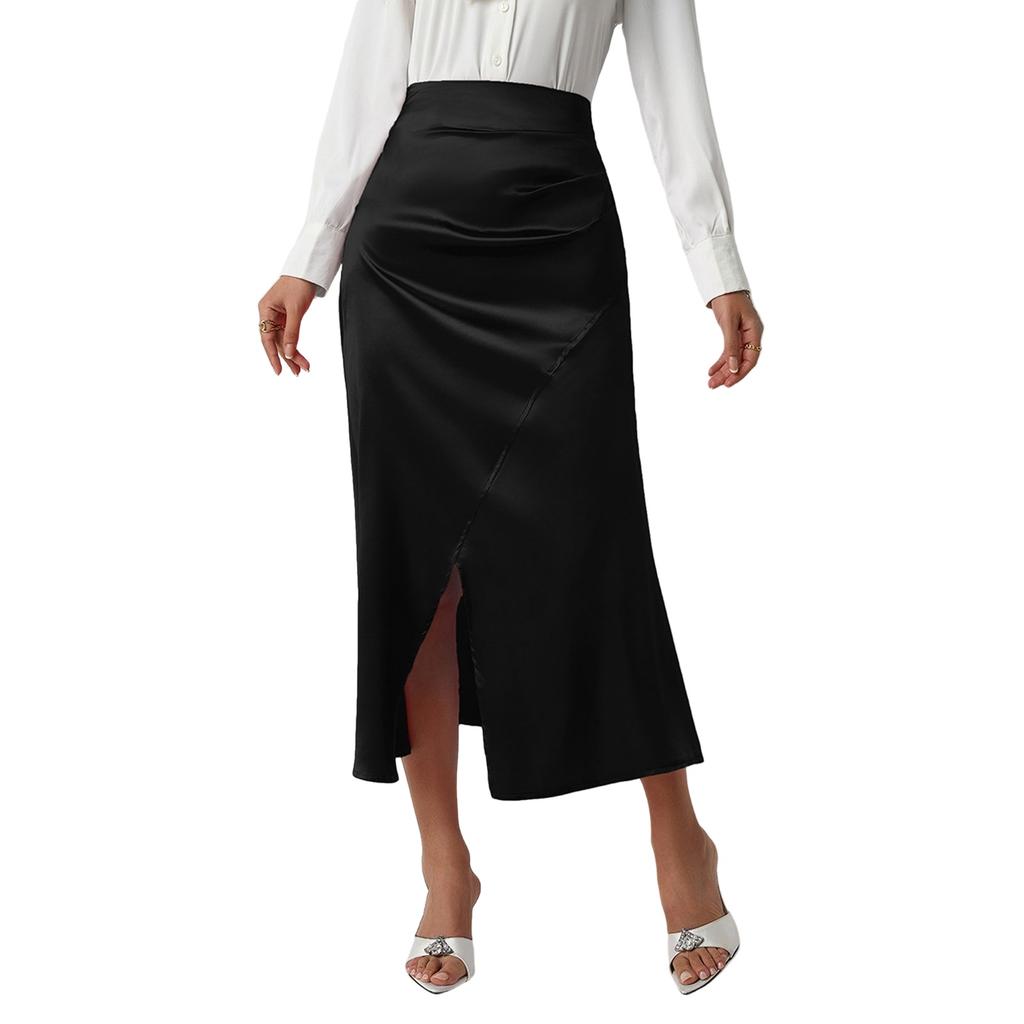 Modischer und lässiger französischer eleganter drapierter Satinrock für Damen