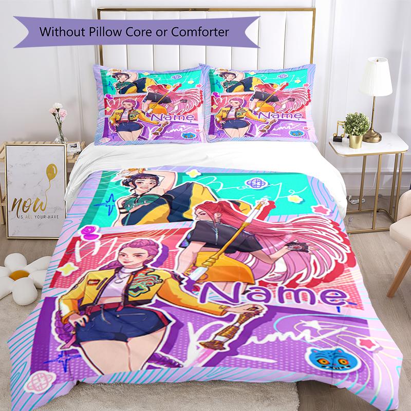 3pcs Custom Name KPop Demon Hunters Bedding Set Duvet Cover Closure Includes 1 Duvet Cover & 2 Pillowcases, Soft and Comfortable for All Seasons.