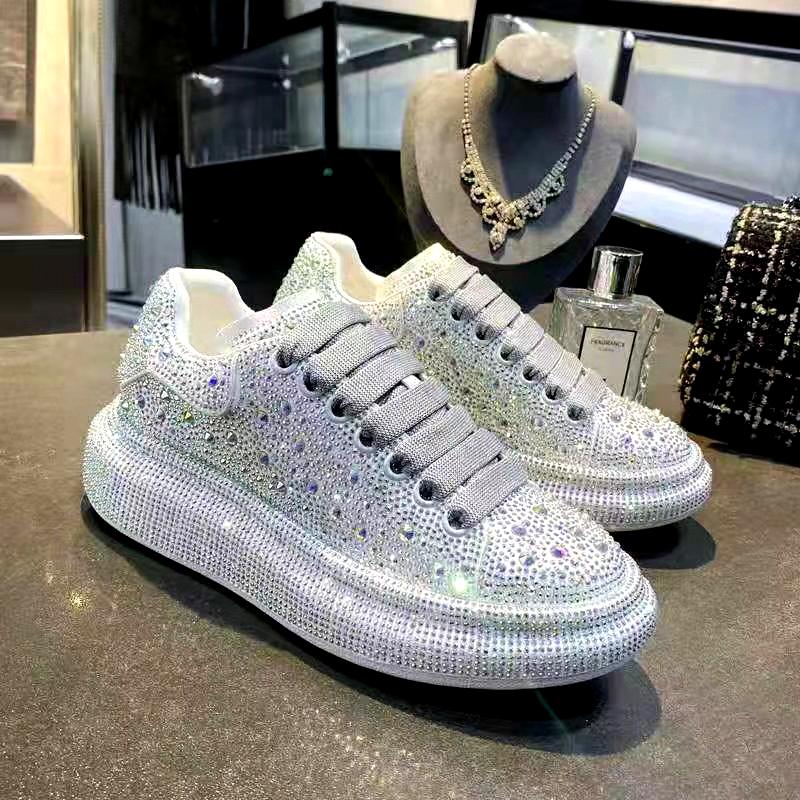 Fashion Leather Low-top Hot Diamond Sneakers for Men and Women, Red Style Lace-up Casual Daddy Shoes, Plus-size Sports Shoes 45, 46 A8