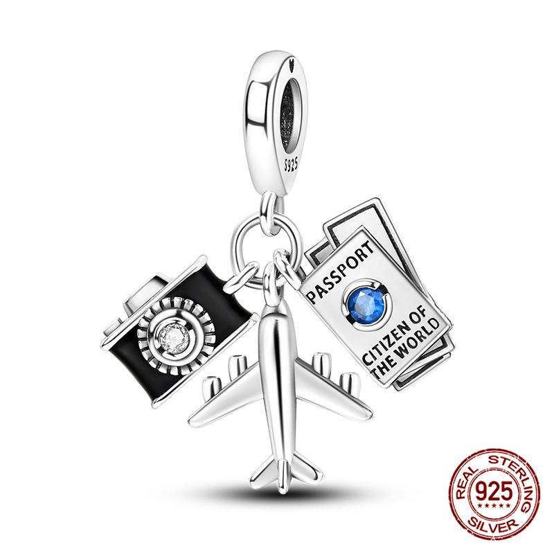 Authentic Original 100% Copper Metal Luggage Airplane Passport Summer Travel Charm Bead Components Compatible With Authentic Original Bracelet High