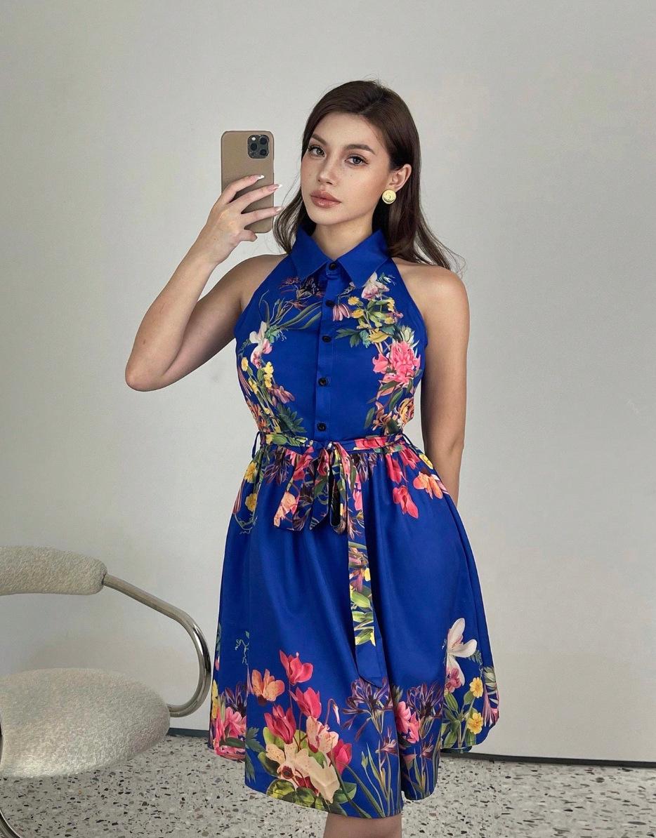 

New flower print dress waist neck strap dress XL синій