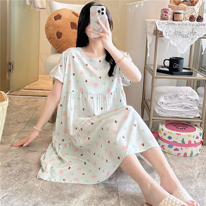 Cotton and Silk Nightgown Women's Summer Short-sleeved Large-size High-end Printed Maternity Pajamas Can Be Worn Outside Long Loungewear