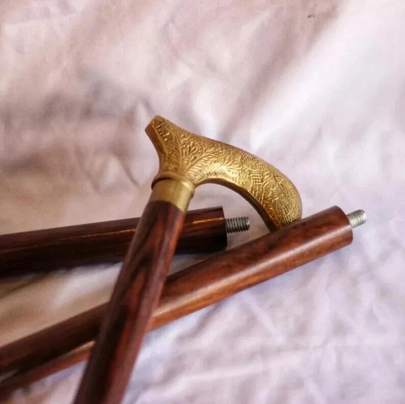 Brass Handle Vintage Style Wooden Shaft Walking Cane Stick Victorian Style Gift